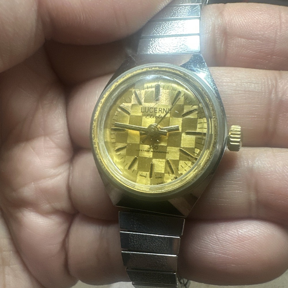 Working Vintage Lucerne Electra Ladies Watch Checkboard‎ Manual Wind Gold 28mm